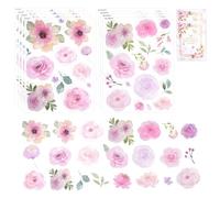 120 Pcs Pink Flowers Wall Stickers, Peel and Stick Wall Decals, Watercolor Vibrant Floral Wall Stickers, Green Leaves Flowers Wall Decor for Nursery TV Background Living Room Bedroom