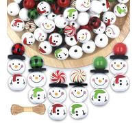 120 PCS Snowmen Wooden Beads, Christmas Wood Beads with Twine Scarf, Colorful Green Red Buffalo Plaid Winter Wooden Round Bead for DIY Crafts Christmas Party Farmhouse Decoration