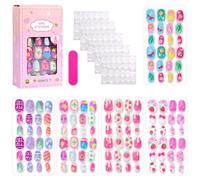 120 Pcs Young Fake Nails, Cartoon Strawberry Heart Detachable Press on Nails for Girls, Little Ones Fake Nails with Adhesive Tabs, Mini File for Holiday Decor