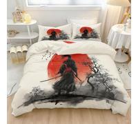120 x 150 cm Duvet Cover Set, Reversible Samurai Red Sun Plants Printed Bedding with Soft-Touch Fabric and Japanese Style Ink Wash Inspired Design, Black And Red