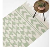 HOMESCAPES Natural & Green Handwoven Kilim Rug 120 x 170 cm 100% Cotton Living Room Area Rug ‘Turin’ with Traditional Geometric Pattern & Tassels
