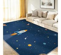 120 x 180 cm Area Rugs Dark Blue, Cartoon Minimalist Space Rocket Moon Stars Washable Rug for Playroom & Nursery, Non-Slip Soft Carpet for Toddlers & Pets, Low Pile Living Room Rug