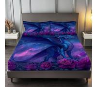 120 x 200 cm 100% Microfiber Bedding Sheets, Blue-Violet Easy Care Bed Sheets Fantasy Blue Dragon Pink Rose Pattern with 2 Pillowcases, Small Double Size Fitted Sheet - 30 cm Deep Pocket