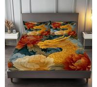 120 x 200 cm 100% Microfiber Bedding Sheets, Cream Yellow Easy Care Bed Sheets Retro Chinese Golden Dragon Pattern with 2 Pillowcases, Small Double Size Fitted Sheet - 30 cm Deep Pocket