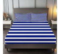 120 x 200 cm 100% Polyester Cotton Bedding Sheets with 2 Pillowcases, Cream Easy Care Bed Sheets Simple Blue Stripes Modern Pattern, Small Double Size Fitted Sheet - 30 cm Deep Pocket
