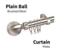 (120 x 210 cm (48'-83' in), Brushed Silver- Plain Ball) Heavy Extendable Metal Curtain Pole 28mm With Finials Rings Hooks Rod Fittings