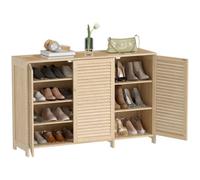 120 X 35 X 80 Cm Bamboo Shoe Cabinet With Louvered Doors, 18 Pairs Footwear Cupboard For Hallway