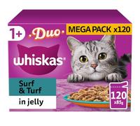 120 x 85g Whiskas 1+ Duo Surf & Turf Mixed Adult Wet Cat Food Pouches in Jelly