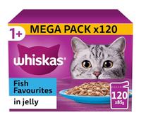 120 x 85g Whiskas 1+ Fish Favourites Mixed Adult Wet Cat Food Pouches in Jelly