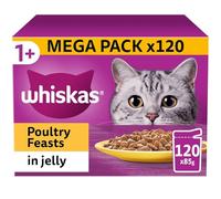 120 x 85g Whiskas 1+ Poultry Feasts Mixed Adult Wet Cat Food Pouches in Jelly
