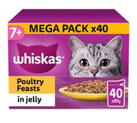 120 X 85G Whiskas 7+ Poultry Feasts Mixed Senior Wet Cat Food Pouches In Jelly