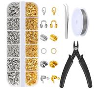 1200 Pcs Crimp Bead Kit for Jewelry Making, 6 Styles Jewelry Making Supplies with Crimping Pliers & Beading Wire, Crimp Caps Tubes Lobster Clasps Rings Wire Guards for DIY Earring Bracelet Necklace