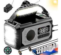 12000 mAh Radio Crank, 2 Solar Panels, AM/FM Solar Emergency Radio, 3 Charging Methods 7 in 1 Portable Emergency Radio, SOS, Torch, Compass, Reading Lamp