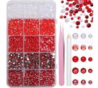 12000 Pcs Red Flatback Pearl and Rhinestones for Crafting, Mixed Sizes 3/4/5 mm Red Jelly Resin Rhinestone Pearls for Bedazzling, Half Pearls for Crafts DIY Mugs Makeup Crafts
