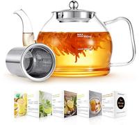 1200ml Borosilicate Glass Teapot with Infuser - Scale Line Stovetop Safe Cover Brewer Guide for Blooming and Flowering Tea - 4-6 Cups