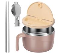 1200ml Large Ramen Bowl with Drainable Lid and Handle, Stainless Steel Instant Noodle Bowl Set with Phone Holder, Collapsible Spoon and Chopsticks, Ramen Cooker Bowls for Dorm, Office and Home (Khaki)
