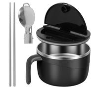 1200ml Large Ramen Bowl with Drainable Lid and Handle, Stainless Steel Instant Noodle Bowl Set with Phone Holder, Collapsible Spoon and Chopsticks, Ramen Cooker Bowls for Dorm, Office and Home (Black)