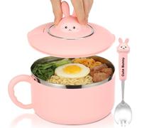 1200ml Ramen Bowl Heat Resistant Stainless Steel Noodle Bowls with Filterable Lid and Fork Speedy Portable Ramen Cooker Soup Bowl with Handles Instant Serving Cooker for Office College Dorm(Pink)