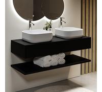 1200mm Black Wall Hung Double Countertop Vanity Unit with Basins and Shelf - Lugo