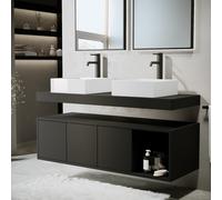 1200mm Black Wall Hung Double Countertop Vanity Unit with Basins and Shelf - Porto