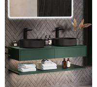 1200mm Green Wall Hung Countertop Double Vanity Unit with Black Basins and Shelf - Lugo