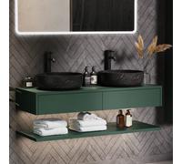 1200mm Green Wall Hung Countertop Double Vanity Unit with Black Marble Effect Basins and Shelf - Lugo