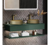 1200mm Green Wall Hung Countertop Double Vanity Unit with Brass Basins and Shelf - Lugo