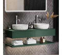 1200mm Green Wall Hung Countertop Double Vanity Unit with White Marble Effect Basins and Shelf - Lugo