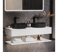 1200mm White Wall Hung Countertop Double Vanity Unit with Black Basins and Shelf - Lugo