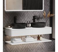1200mm White Wall Hung Countertop Double Vanity Unit with Black Marble Effect Basins and Shelf - Lugo