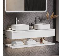 1200mm White Wall Hung Countertop Double Vanity Unit with Square Basins and Shelf - Lugo