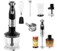 1200W Hand Blender Electric Stick Blender Curry Puree Food Mixer Liquidiser 5-in-1 Stainless Steel Electric Stick Blender, with TURBO, 700ml Beaker, 500ml Chopper, Egg Whisk, Milk Frother, 12 Speeds