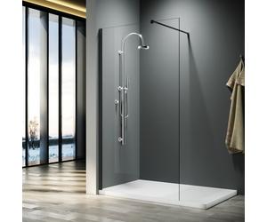 (1200x1900mm) ELEGANT Walk In Shower Screen 8mm Clear Easy Clean Toughened Safety Glass Panel with Black Stainless Steel Support Bars