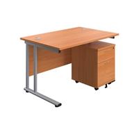 1200X800 Twin Rectangular Desk Beech-Silver + Mobile 2 Drawer Ped