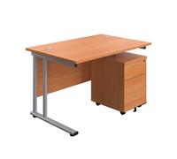 1200X800 Twin Rectangular Desk Beech-Silver + Mobile 3 Drawer Ped