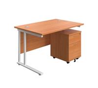 1200X800 Twin Rectangular Desk Beech-White + Mobile 2 Drawer Ped