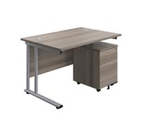 1200X800 Twin Rectangular Desk Grey Oak-Silver + Mobile 2 Drawer Ped