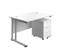 1200X800 Twin Rectangular Desk White-Silver + Mobile 3 Drawer Ped