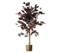 Leaf Design 120cm (4ft) Artificial Red Ficus Tree With Gold Metal Planter