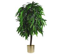 Artificial Mango Plant Tree Gold Metal Planter 120Cm 4Ft Tall Natural Wood Botanik