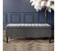 120Cm Paris Striped Ottoman Storage Bench -Upholstered Shoes Bench With Black Turned Wooden Legs - Dark Grey Naple Ottoman Bench