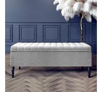 120Cm Paris Striped Ottoman Storage Bench -Upholstered Shoes Bench With Black Turned Wooden Legs - Grey Naple Ottoman Bench