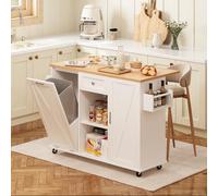 120cm Rolling Kitchen Island with Drop Leaf & Trash Can Storage, Kitchen Island Cart with Spice Rack & Towel Rack, Mobile Island Table
