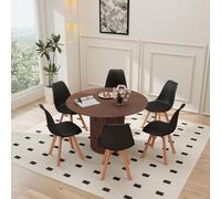 120cm Round Dining Table with 6 Chairs Dark Brown Wood & Black Plastic Kitchen Table Set for 4 6 People Top Slish Dining Room Fur