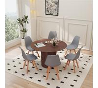 120cm Round Dining Table with 6 Chairs Dark Brown Wood & Grey Plastic Kitchen Chairs Panel Ideal for 4 6 People Slish and Dining Set