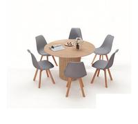 120cm Round Dining Table with 6 Chairs Wooden Kitchen Table Panel Plastic Back Dining Chairs for 4 6 People Light Brown + Gray Modern Design