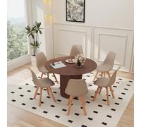 120cm Round Dining Table with 6 Chairs Wooden Kitchen Table Panel Plastic Backed Dining Chairs Seats 4 6 Dark Brown & Khaki Perfect for Family Meals