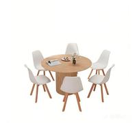 120cm Round Dining Table with 6 Chairs Wooden Kitchen Table Top Plastic Back Dining Chairs for 4 6 People Light Brown & White h