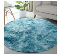(120cm x 120cm (4 x 4 ft)- Circle Round Rug Carpet) Blue Marble Shaggy Rug - Teal Soft Carpet for Bedroom, Living Room & Modern Home Décor
