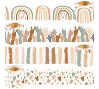 120Ft Boho Bulletin Board Borders Pastel Classroom Bulletin Board Decorations Colorful Rainbow Hands Heart Scalloped Trim Border for School Office Supplies Classroom Door Wall Decor, 4 Rolls